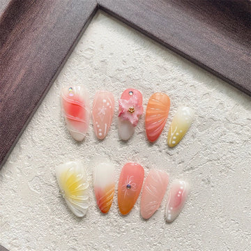 Qfdian Handmade Trendy Press On Nails, False Nails with Design, Almond Medium-Long Fake Nail Tips Cute Elegant Party Daily Wear Women